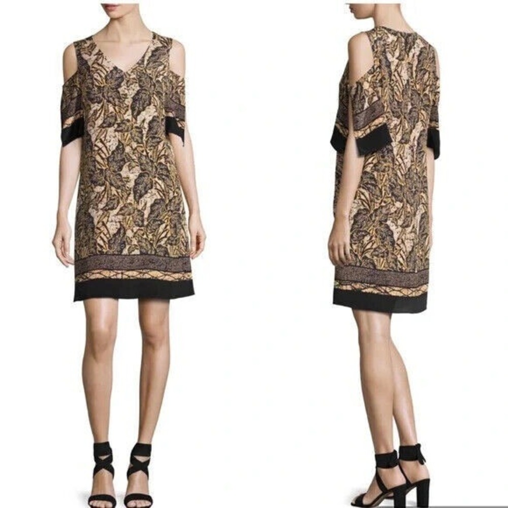 Kobi‎ Halperin Silk Natalie Leaf Print Split Sleeve Shift Dress KS7D13-1C M